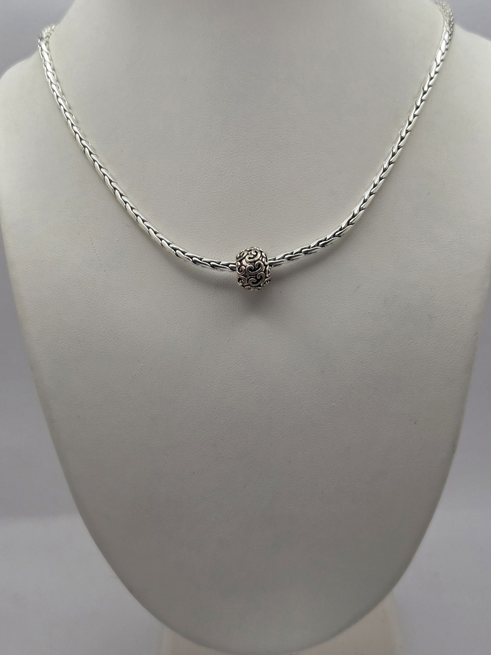 Vintage Silver Tone Wheat Chain Necklace Filigree Scroll Bead Toggle Clasp 20"